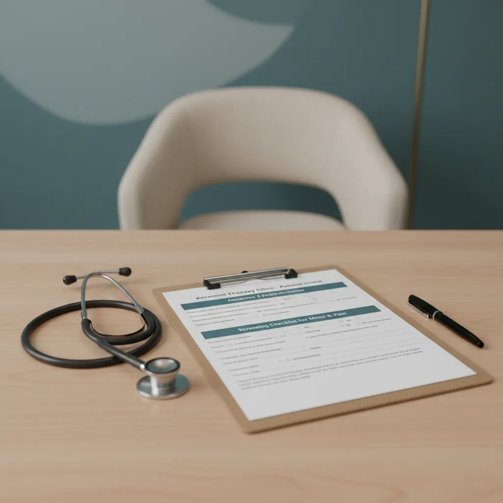 A clinician reviewing a patient chart during a ketamine therapy consultation