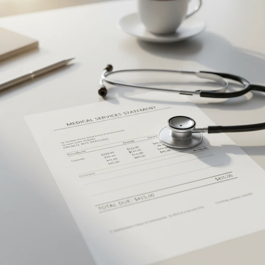 Medical services billing statement with a stethoscope on a desk