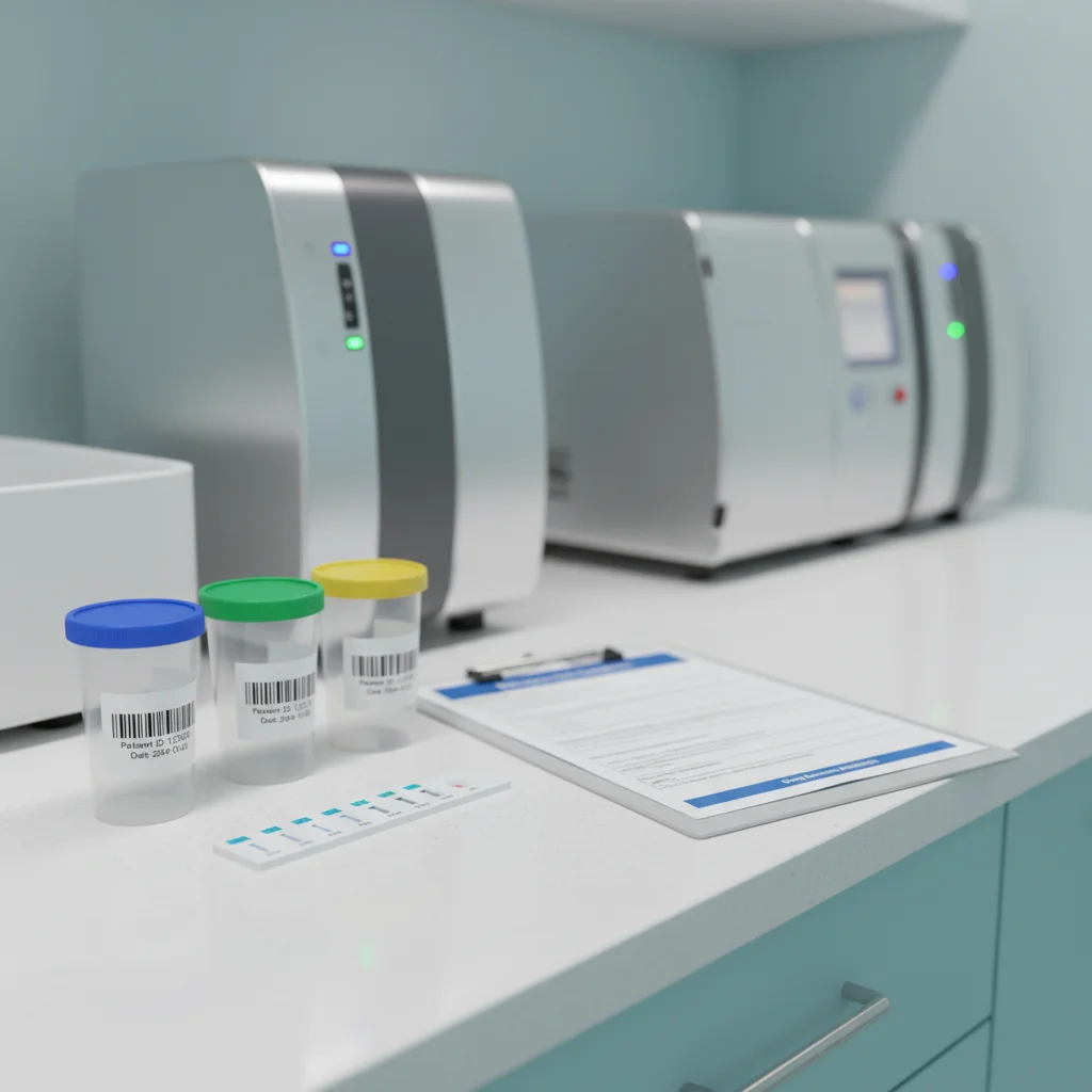 Laboratory drug testing equipment with urine sample collection cups