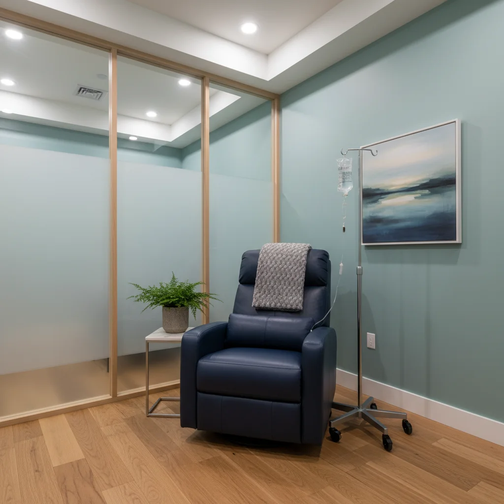 Modern ketamine infusion clinic room with a comfortable reclining chair and IV stand