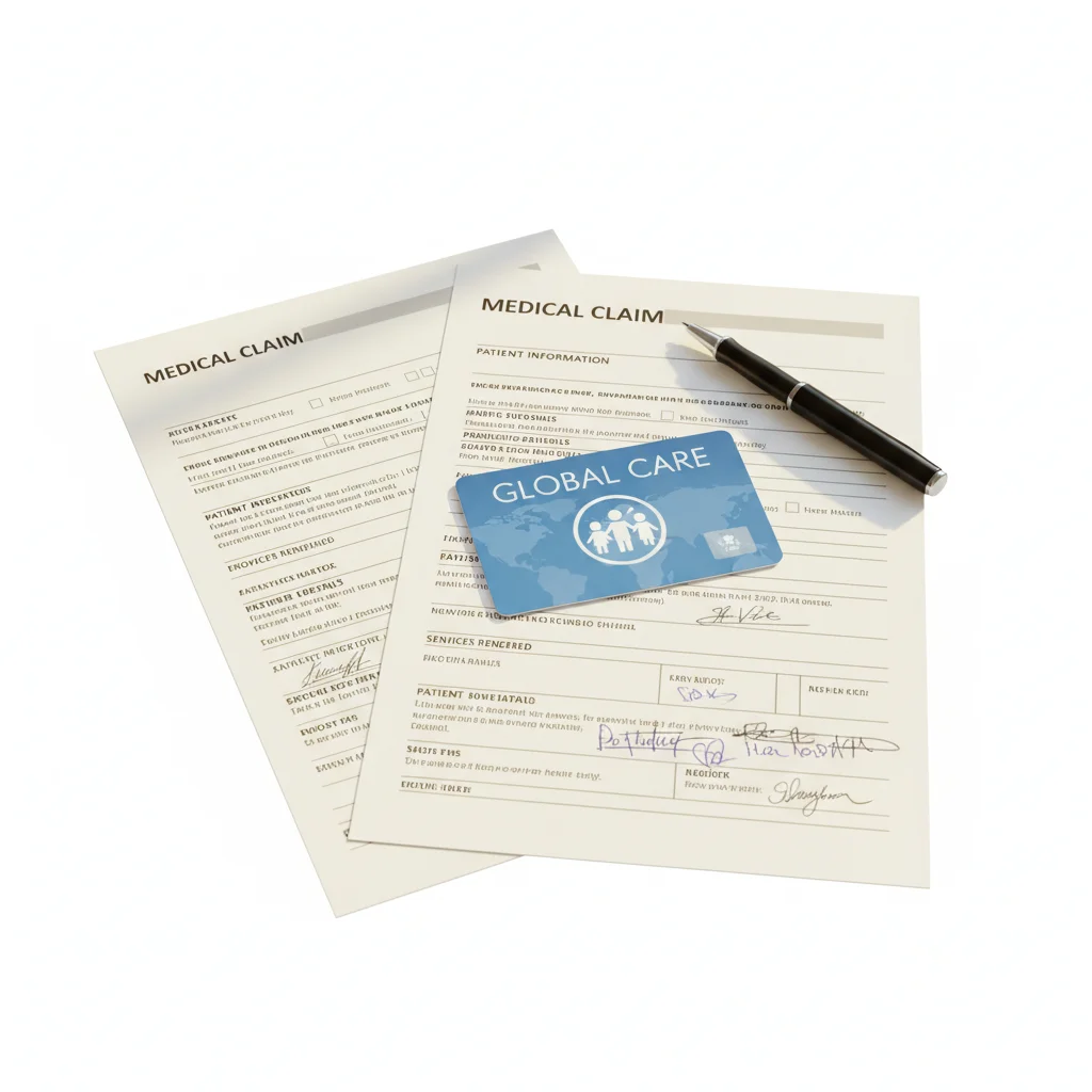 Health insurance card and medical claim forms with a pen